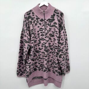 Oddi Sweater Plus Size 1X 2X Pink Leopard Oversized 1/4 Zip Hi Low Pockets Tunic